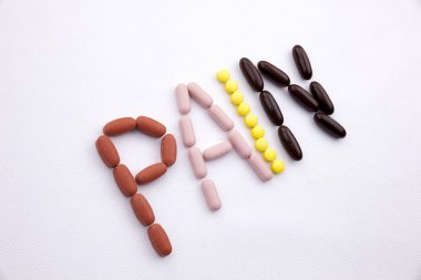 Kavramsal el ile hap ilaç kapsül word ağrı sezon beyaz izole arka plan kopya alanı ile yazılı metin resim yazısı ilham tıbbi bakım sağlık kavramı yazma