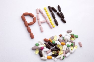 Kavramsal el ile hap ilaç kapsül word ağrı sezon beyaz izole arka plan kopya alanı ile yazılı metin resim yazısı ilham tıbbi bakım sağlık kavramı yazma