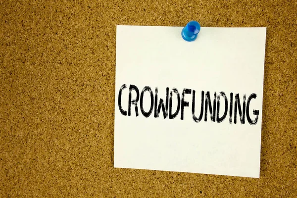 Conceptual hand writing text caption inspiration showing Crowdfunding. Business concept for  Business Fundraising Project Funding written on sticky note, reminder cork background with copy space — Stock Photo, Image