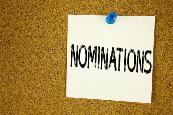 Conceptual hand writing text caption inspiration showing Nominations. Business concept for  Election Nominate Nomination written on sticky note, reminder cork background with copy space — Stock Photo, Image