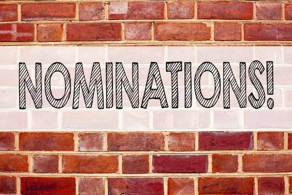 Ispirazione concettuale alla didascalia del testo dell'annuncio che mostra Nominations. Concetto di business per l'elezione Nomina Nomination scritta su vecchio sfondo di mattoni con spazio di copia — Foto Stock