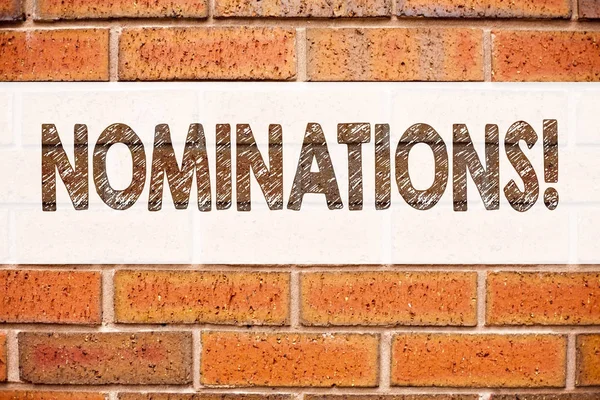 Ispirazione concettuale alla didascalia del testo dell'annuncio che mostra Nominations. Concetto di business per l'elezione Nomina Nomination scritta su vecchio sfondo di mattoni con spazio di copia — Foto Stock