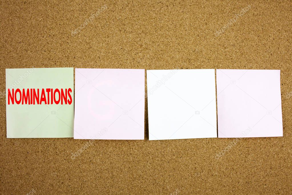 Conceptual hand writing text caption inspiration showing Nominations Business concept for Election Nominate Nomination on the colourful Sticky Note close-up background with copy space