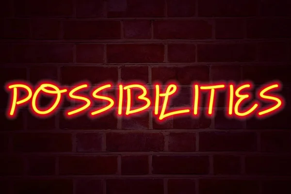 Possibilities neon sign on brick wall background. Fluorescent Neon tube Sign on brickwork Business concept for Impossible Choice Choices 3D rendered
