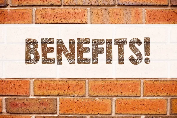 Conceptual announcement text caption inspiration showing Benefits. Business concept for Bonus Employee Financial Benefits written on old brick background with copy space