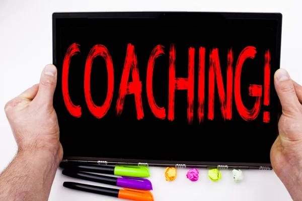 Coaching text written on tablet, computer in the office with marker, pen, stationery. Business concept for Personal Training Mentoring white background with copy space — Stock Photo, Image