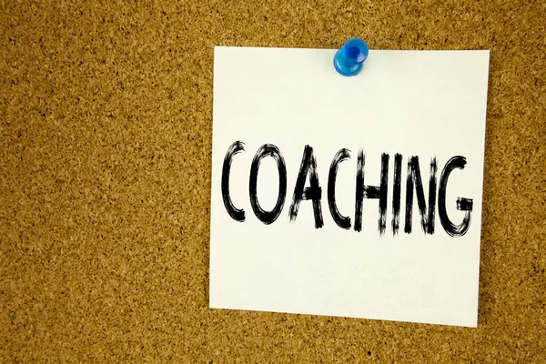 Conceptual hand writing text caption inspiration showing Coaching. Business concept for  Personal Training Mentoring written on sticky note, reminder cork background with copy space — Stock Photo, Image