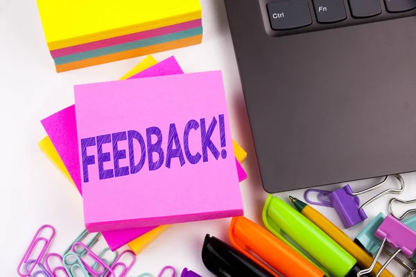 Writing text showing Feedback made in the office with surroundings such as laptop, marker, pen. Business concept for Opinion Information Positive Negative Feedback Workshop white background copy space — Stock Photo, Image