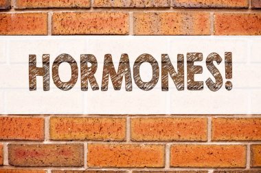 Kavramsal duyuru metni resim yazısı ilham hormonlar gösterilen. Hormon kopya alanı eski tuğla zemin üzerine yazılmış hap için iş kavramı