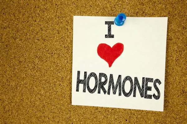 Hand writing text caption inspiration showing I Love Hormones concept meaning Hormone Pill Loving written on sticky note, reminder isolated background with copy space — Stock Photo, Image