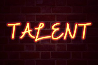 Yetenek neon tabela tuğla duvar arka plan üzerinde. Floresan Neon tüp işareti tuğla iş kavramı yeteneği uzmanlık Know-How yeteneği için 3d render