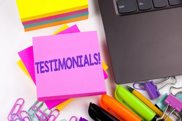 Writing text showing Testimonials made in the office with surroundings such as laptop, marker, pen. Business concept for Consumer Comment Opinion Workshop white background copy space — Stock Photo, Image
