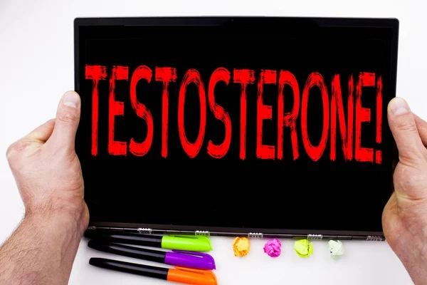 Testosterone text written on tablet, computer in the office with marker, pen, stationery. Business concept for Hormone Molecule Male Steroid white background with copy space