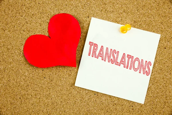 Conceptual hand writing text caption inspiration showing Translations concept for  Translate Explain Plead Book Language and Love written on sticky note, reminder cork background with copy space — Stock Photo, Image