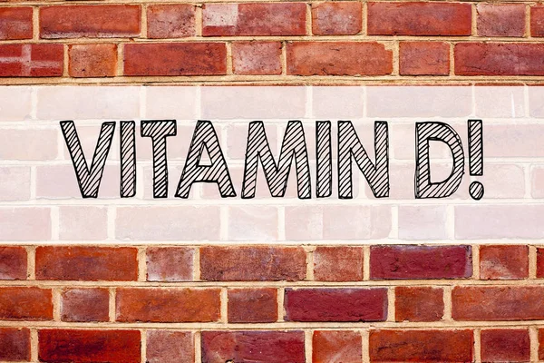 Εννοιολογική ανακοίνωση κειμένου Λεζάντα έμπνευση δείχνει βιταμίνη D. επιχειρηματική ιδέα για μεταλλικό τροφίμων συμπληρώματα Nutriment γραμμένο σε παλιό τούβλο φόντο με αντίγραφο χώρου — Φωτογραφία Αρχείου
