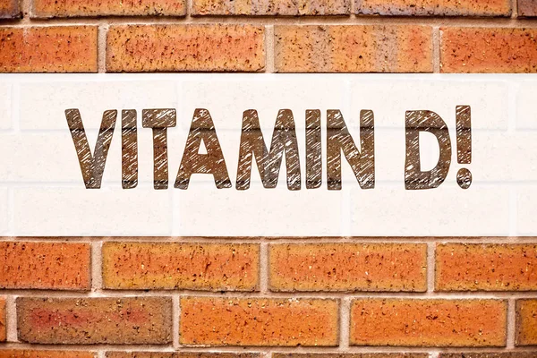 Εννοιολογική ανακοίνωση κειμένου Λεζάντα έμπνευση δείχνει βιταμίνη D. επιχειρηματική ιδέα για μεταλλικό τροφίμων συμπληρώματα Nutriment γραμμένο σε παλιό τούβλο φόντο με αντίγραφο χώρου — Φωτογραφία Αρχείου