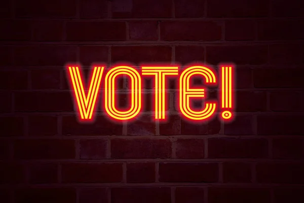 Votez néon panneau sur fond de mur de briques. Tube fluorescent néon Connexion maçonnerie Concept d'affaires pour voter Vote électoral rendu 3D — Photo