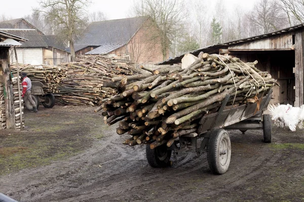 Remolque lleno de leña picada carro de granjeros a la antigua usanza en el campo de Polonia vida rural —  Fotos de Stock