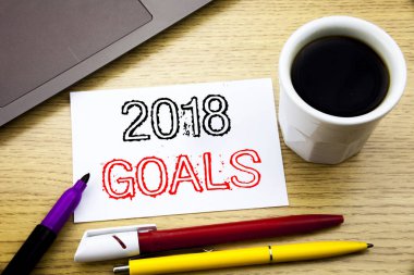 El yazısı metnini başlık 2018 gol gösterilen. Finansal planlama, defter kitap dizüstü kahve ile ofiste ahşap arka plan üzerinde yazılı iş stratejisi için yazma iş kavramı