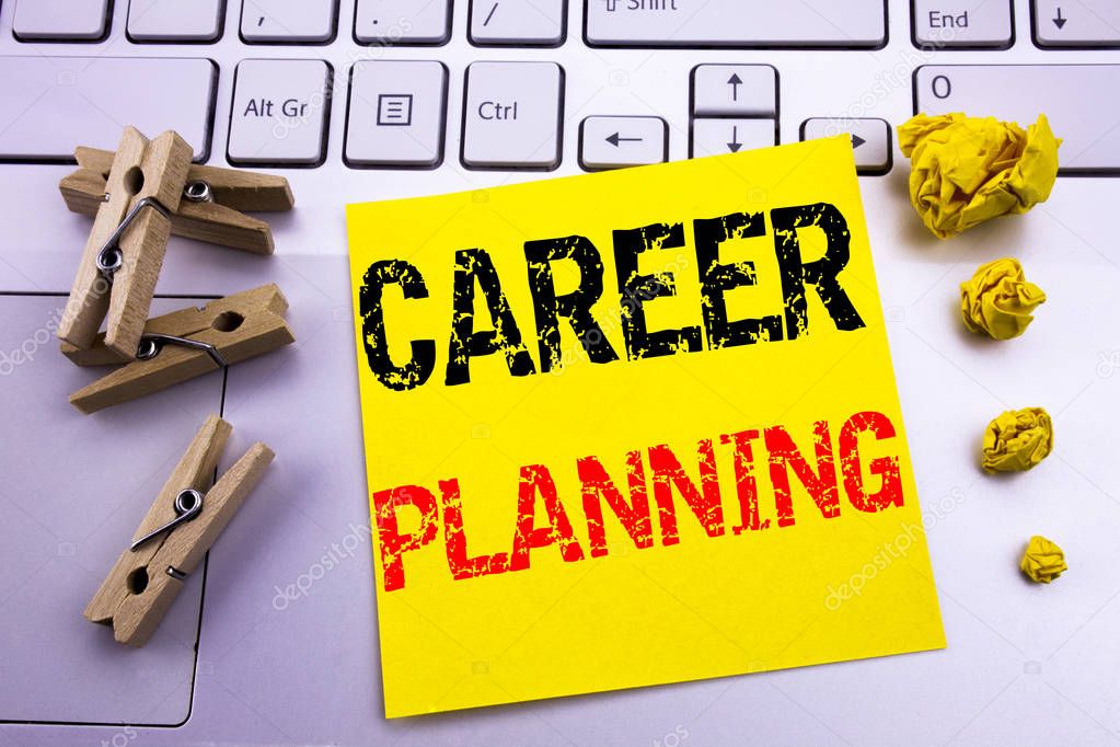Hand writing text caption inspiration showing Career Planning. Business concept for Business Growth Goal Setting written on sticky note paper on the white keyboard background.