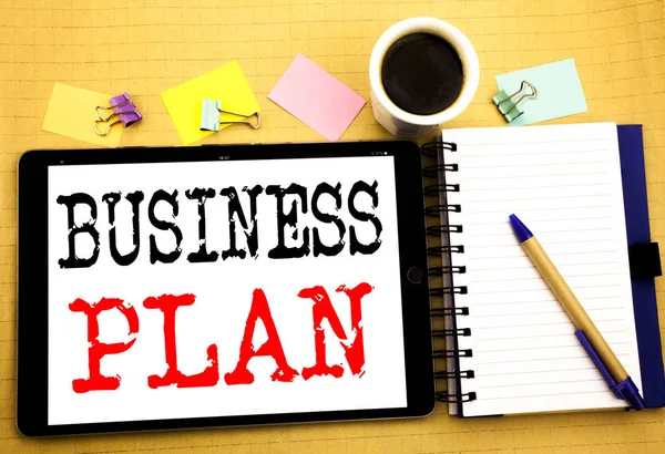 Business Plan Planning. Business concept for Preparation Project Strategy Written on tablet laptop, wooden background with sticky note, coffee and pen — Stock Photo, Image