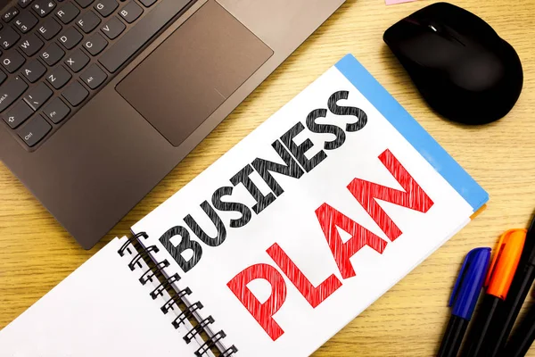 Handwritten text caption showing Business Plan Planning. Business concept writing for Preparation Project Strategy written on notepad with copy space on old wood wooden with pen computer — Stock Photo, Image