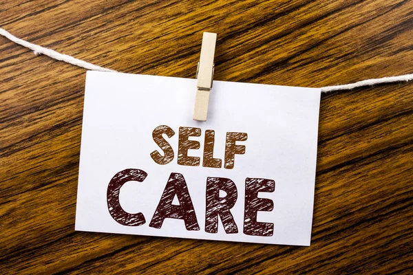 Handwriting Announcement text showing Self Care. Business concept for Taking caring for own Health written on sticky note paper on the wooden background. — Stock Photo, Image