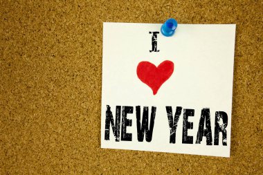 Noel Kutlamaları yapışkan not, hatırlatma izole arka plan kopya alanı ile yazılı sevgi dolu anlamı aşk mutlu yeni yıl kavramı gösterilen metin resim yazısı ilham yazma el