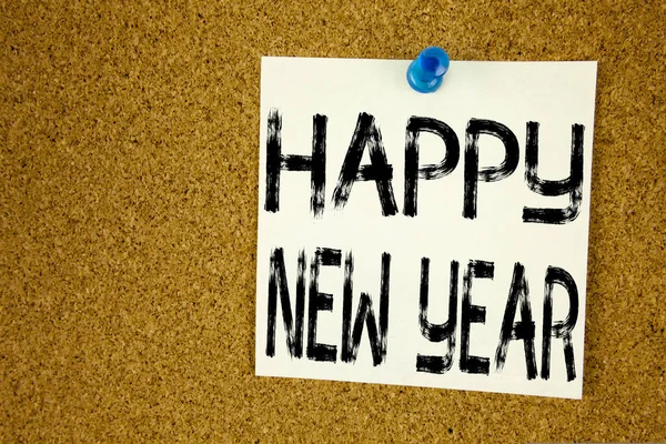 Conceptual hand writing text caption inspiration showing Happy New Year . Business concept for Christmas Celebration written on sticky note, reminder cork background with copy space