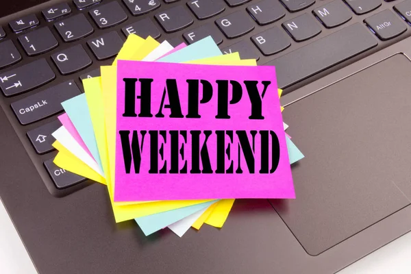 Writing Happy Weekend text made in the office close-up on laptop computer keyboard. Business concept for Holiday Day Off Celebration Workshop on the black background with copy space — Stock Photo, Image