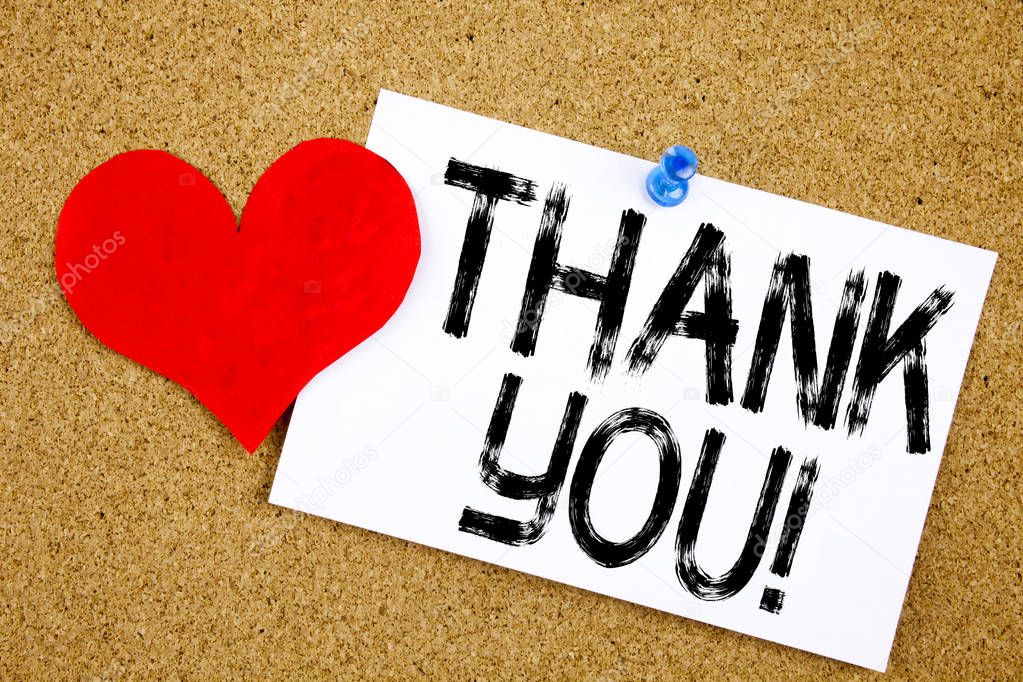 Conceptual hand writing text caption inspiration showing Thank You concept for Giving Gratitude Appreciate Message and Love written on sticky note, reminder cork background with copy space