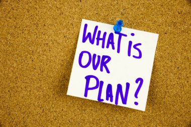 Sarı yapışkan not yazma, resim yazısı, cork hakları Kurulu tutturulmuş bir yapışkan not siyah ext içinde planımız nedir yazıt