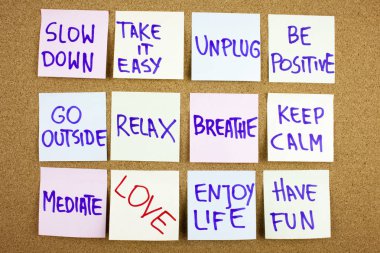 A yellow sticky note writing, caption, inscription Slow down, take ir easy be positive go outside relax breathe keep calm love what you do, do what you love, motivational concept on sticky notes clipart