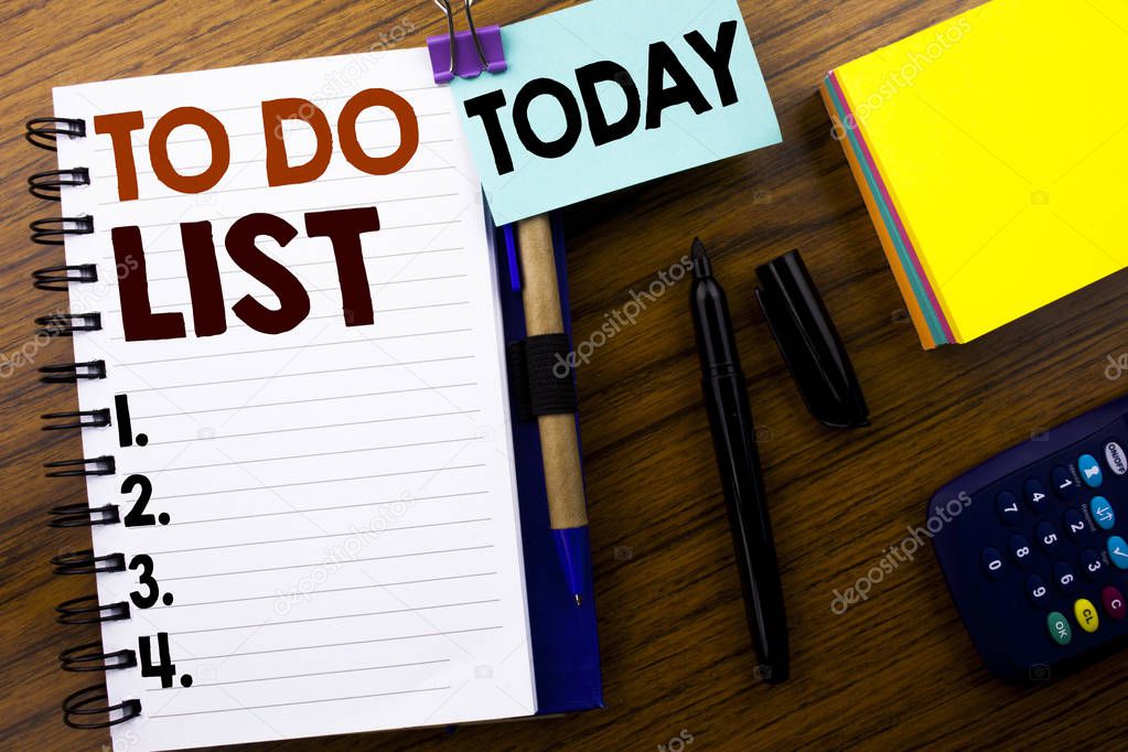 Word, writing To Do List. Business concept for Plan Lists Remider written on book note paper on the wooden background. With attached today sign. Office top view.