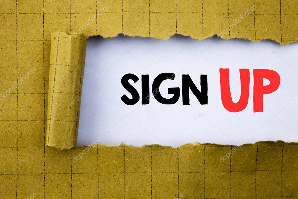 Sign Up. Business concept for Member Register Registration written on white paper on the yellow folded paper.