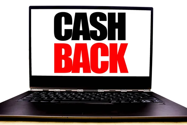 Testo scritto a mano che mostra Cash Back Cashback. Business concept writing for Money Assurance Scritto sul monitor frontale, sfondo bianco con vista ufficio spazio . — Foto Stock