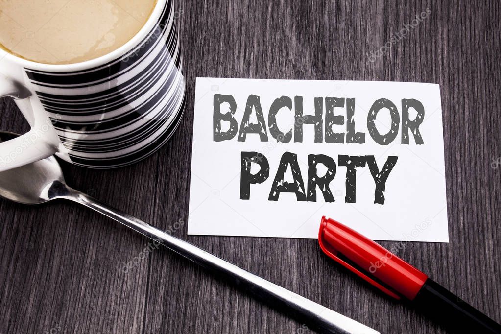 Conceptual hand writing text caption showing Bachelor Party. Business concept for Stag Fun Celebrate written on sticky note paper on the wooden wood background. With coffee and marker