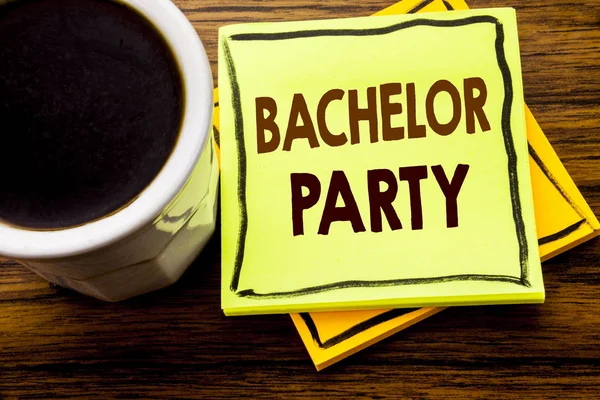 Handwritten text showing Bachelor Party. Business concept for Stag Fun Celebrate written on sticky note paper on the wooden wood background with coffee cup