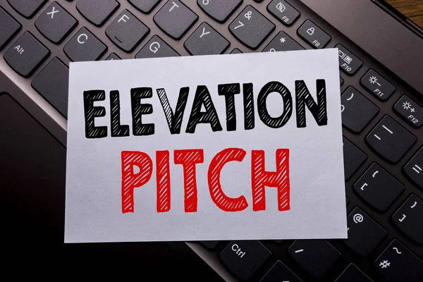Word, writing Elevation Pitch. Business concept for Talking Communication written on sticky note paper on the dark keyboard background.