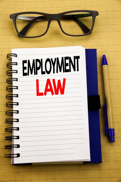 Handwriting Announcement text showing Employment Law. Business concept for Employee Legal Justice Written on tablet laptop, wooden background with sticky note, coffee and pen — Stock Photo, Image