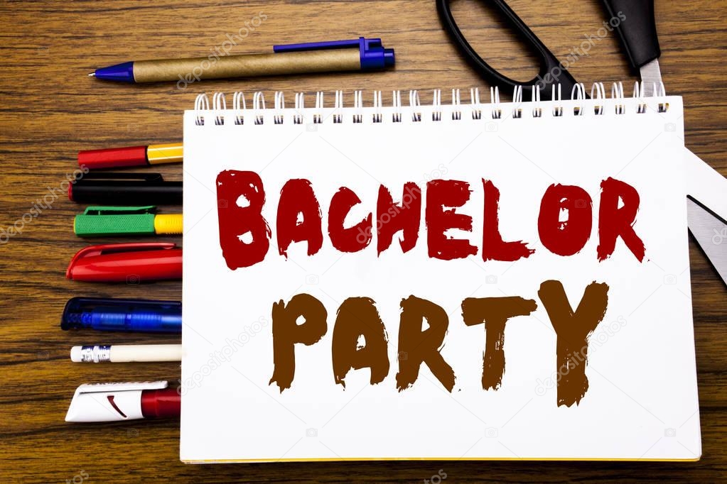 Word, writing Bachelor Party. Business concept for Stag Fun Celebrate Written on notebook, wooden background with office equipment like pens scissors colourful marker  