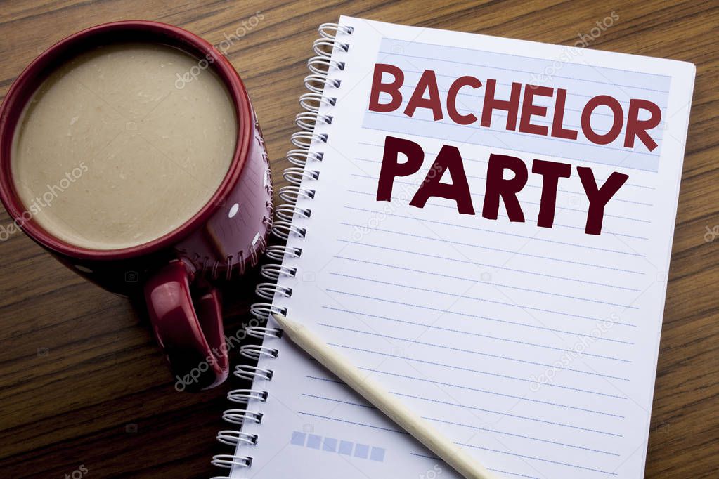 Hand writing text caption inspiration showing Bachelor Party. Business concept for Stag Fun Celebrate written on note paper notepad book on the wooden background with coffee and pen.