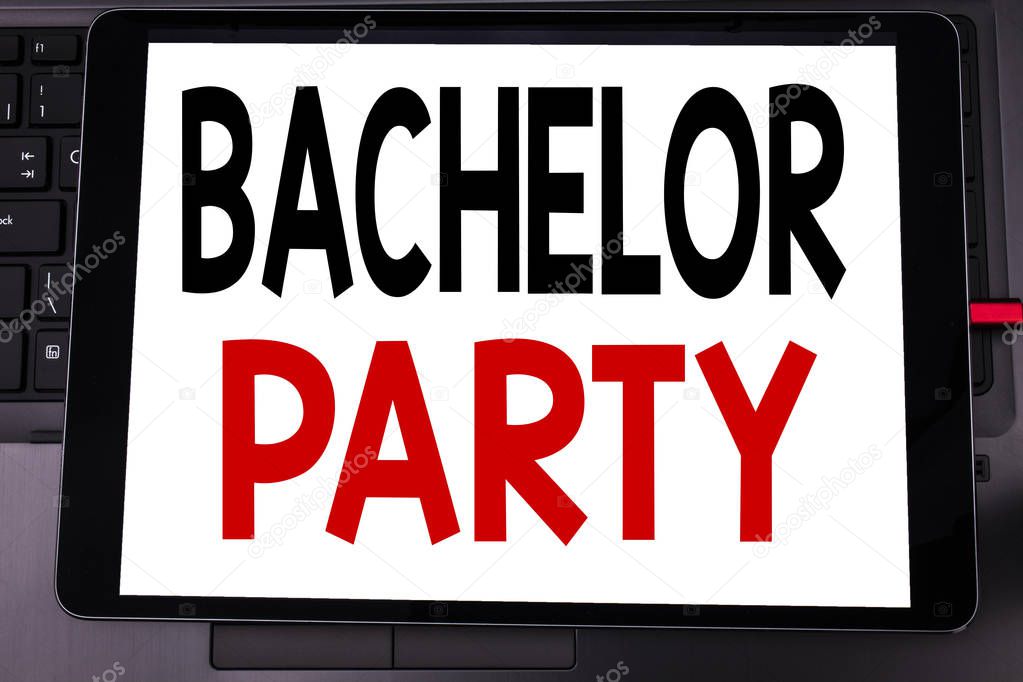 Conceptual hand writing text caption inspiration showing Bachelor Party. Business concept for Stag Fun Celebrate written on tablet laptop on the black keyboard background.