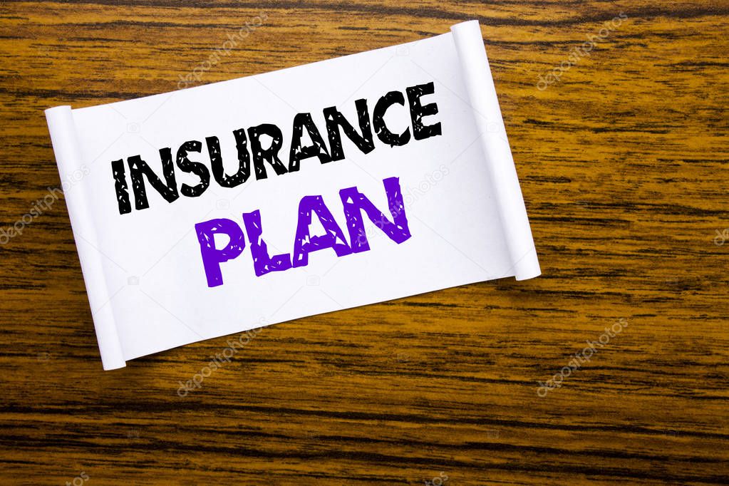 Word, writing Insurance Plan. Business concept for Health Life Insured written on sticky note paper on the wooden wood structure visible background.
