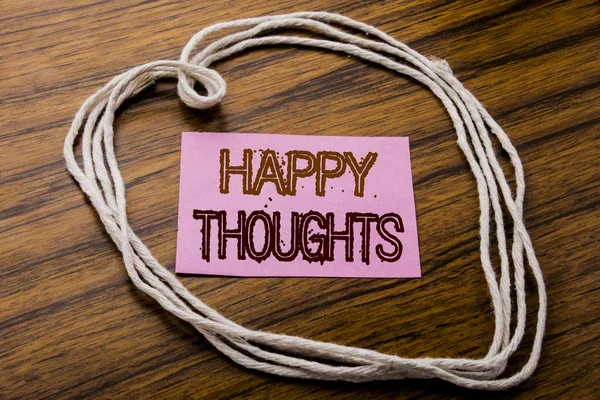 Handwritten text showing Happy Thoughts. Business concept for Happiness Thinking Good written on sticky note paper on the dark wooden background. With heart meaning love or adoration. — Stock Photo, Image