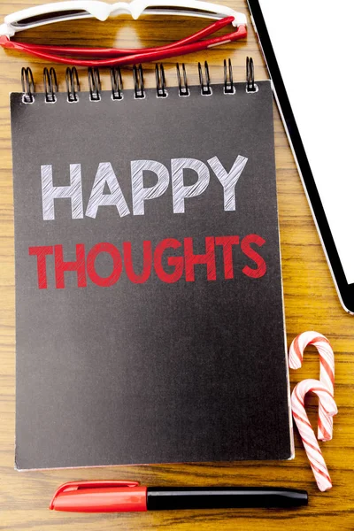 Word, writing Happy Thoughts. Business concept for Happiness Thinking Good Written on the notebook book, wooden background with sticky sunglasses and red pen — Stock Photo, Image