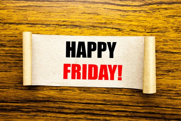 Texte écrit à la main légende inspiration montrant Happy Friday. Concept d'entreprise pour week-end Accueil écrit sur papier collant sur le fond en bois . — Photo
