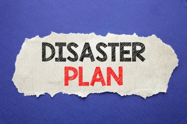 Handwriting Announcement text showing Disaster Plan. Business concept for Emergency Recovery Written on note paper with black background with space.