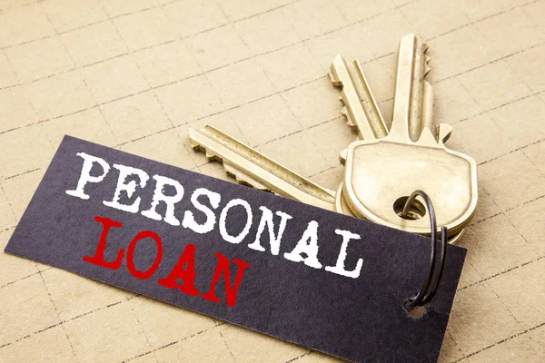 Conceptual hand writing text caption showing Personal Loan. Business concept for Bank Financial Help written on note paper attached to the keys note paper on the texture background. — Stock Photo, Image