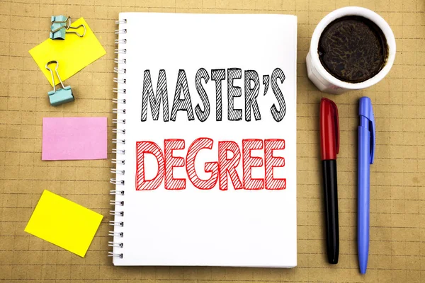 Word, writing Master s Degree. Business concept for Academic Education Written on notepad note paper background with space office view with pencil marker coffee — Stock Photo, Image